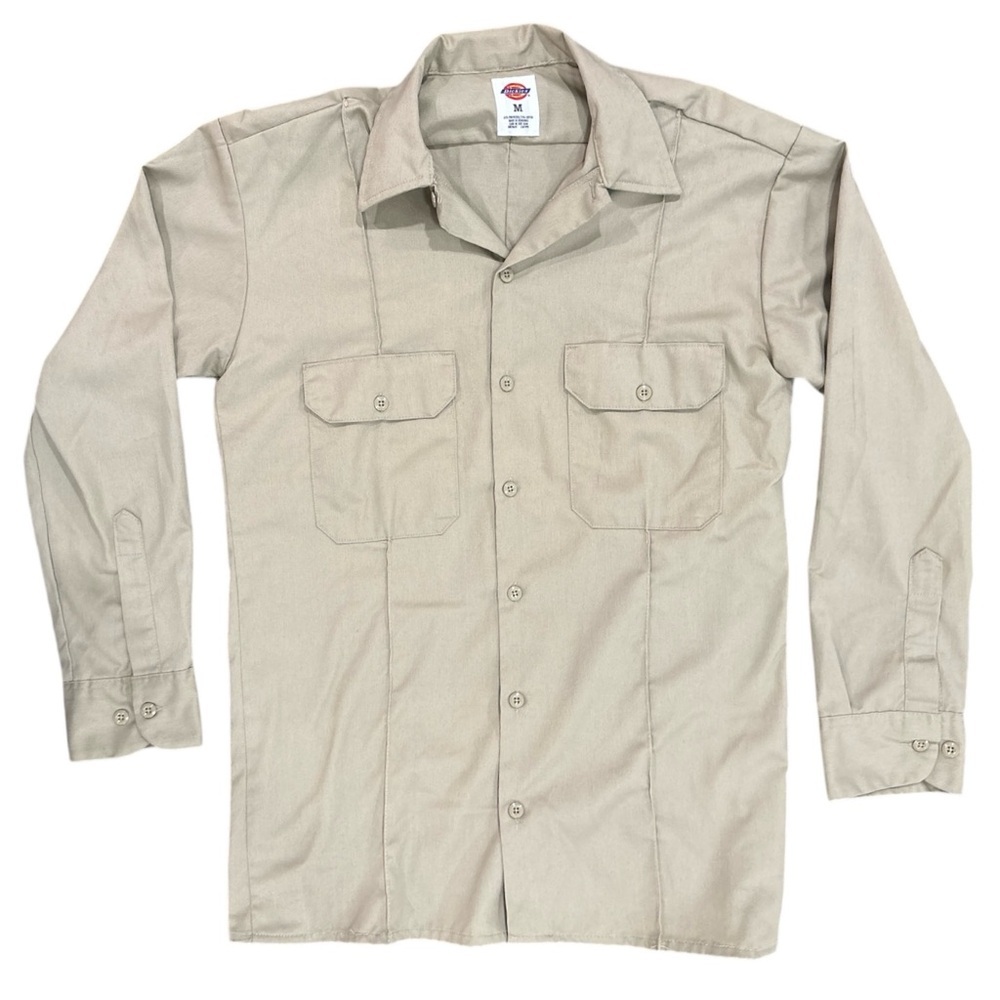 Dickies Men's Medium Beige Tan Khaki Button Up Pockets Workwear Work Shirt EUC
